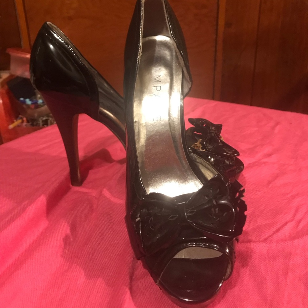 Size 7.5 women’s black high heel open toe Rampage
